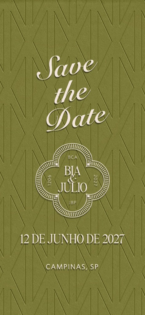 Save the Date — Beatriz e Julio, 12 de junho de 2027, Campinas, SP